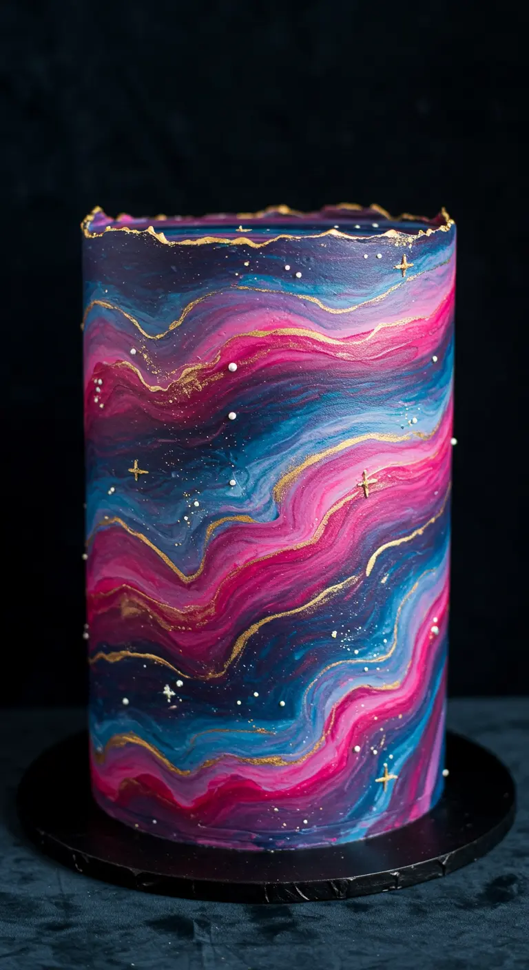 Hohe Torte in Pink-, Blau- und Violett-Tönen mit Goldakzenten, wie eine Galaxie.