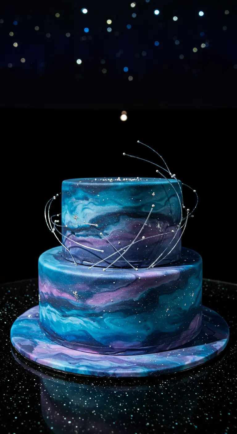 Zweistöckige Torte in Blau- und Lilatönen mit Galaxy-Muster und silbernen Drahtspiralen.