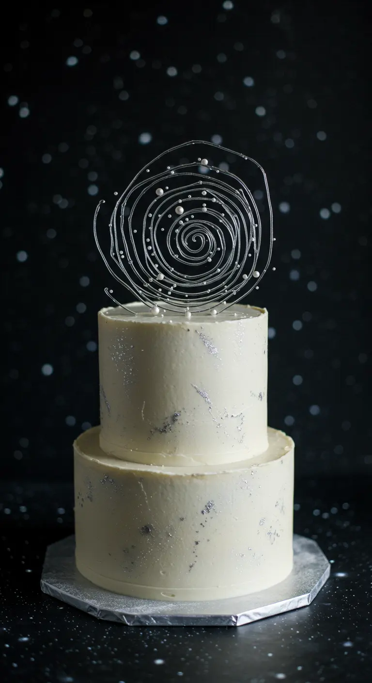 Zweistöckige weiße Torte mit einer transparenten Zuckerspirale und Silberperlen als Topper.