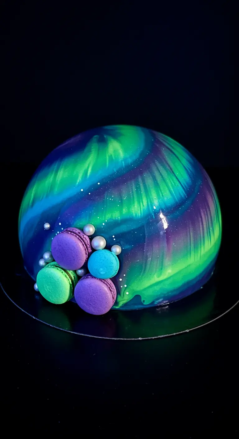 Runde Torte mit blau-grün-lila Spiegelglasur im Galaxie-Look und Macarons.