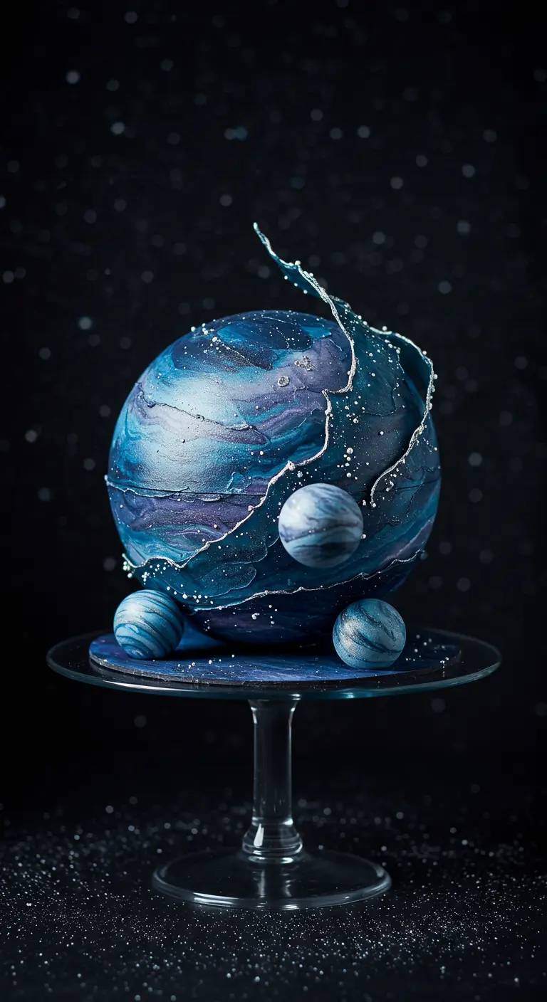 Kugelförmige Galaxie-Torte in Blau-Lila mit Silberspritzern und kleinen Planetenkugeln.