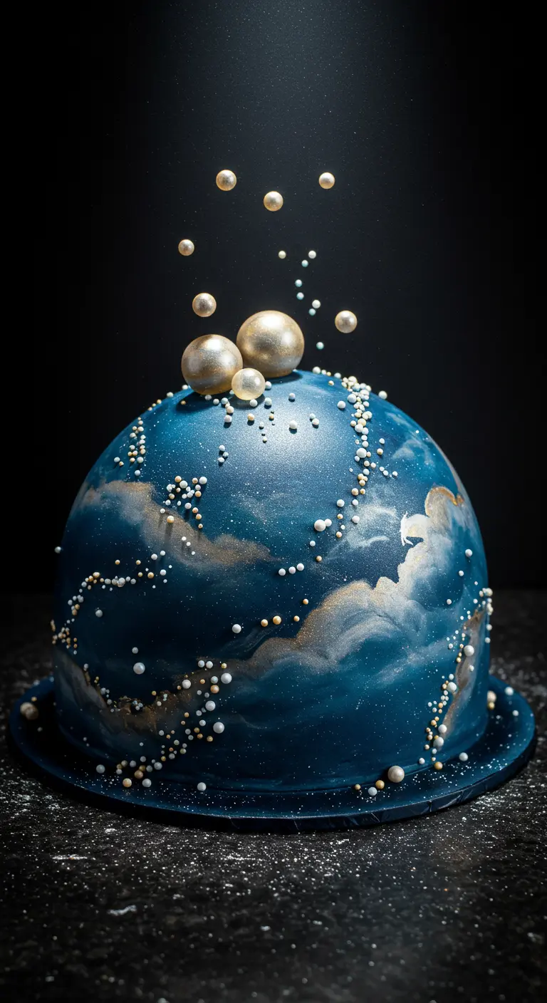 Dunkelblaue kugelförmige Torte, die eine Galaxie mit goldenen und weißen Perlen darstellt.