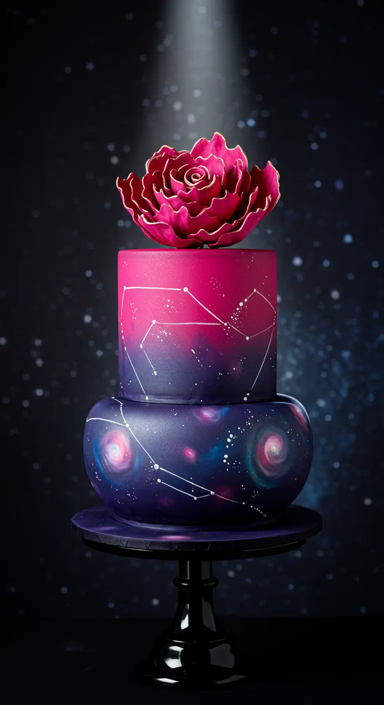 Zweistöckige galaktische Ombre-Torte in Pink und Violett, mit Sternen und einem großen pinken Blütenaufsatz.