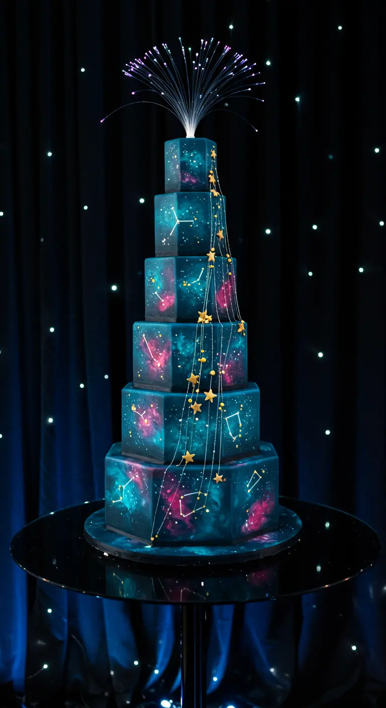 Mehrstöckige Galaxie-Torte mit Sternen, Konstellationen und Fiberoptik-Lichtern an der Spitze.
