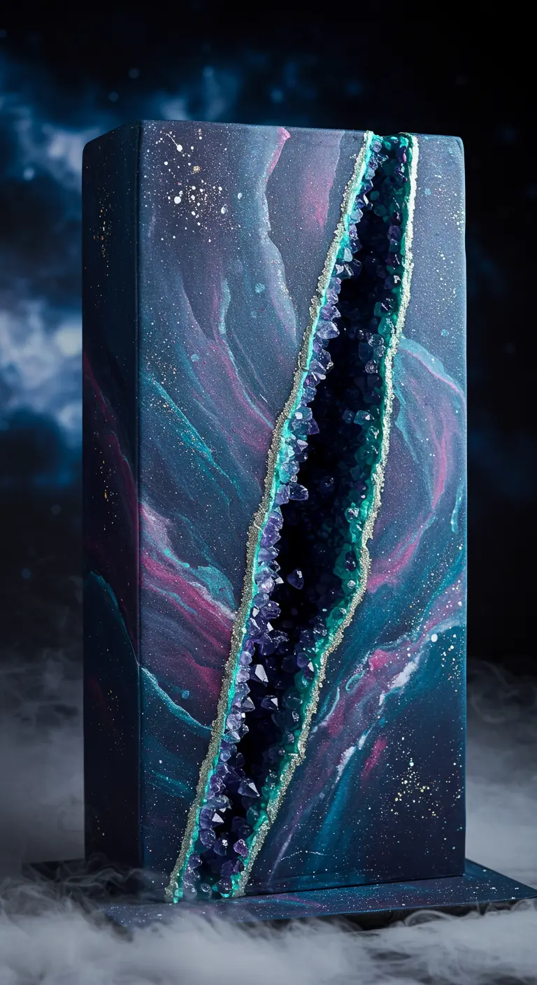 Hohe, rechteckige Torte mit Galaxy-Muster und glitzernder Kristall-Geode.