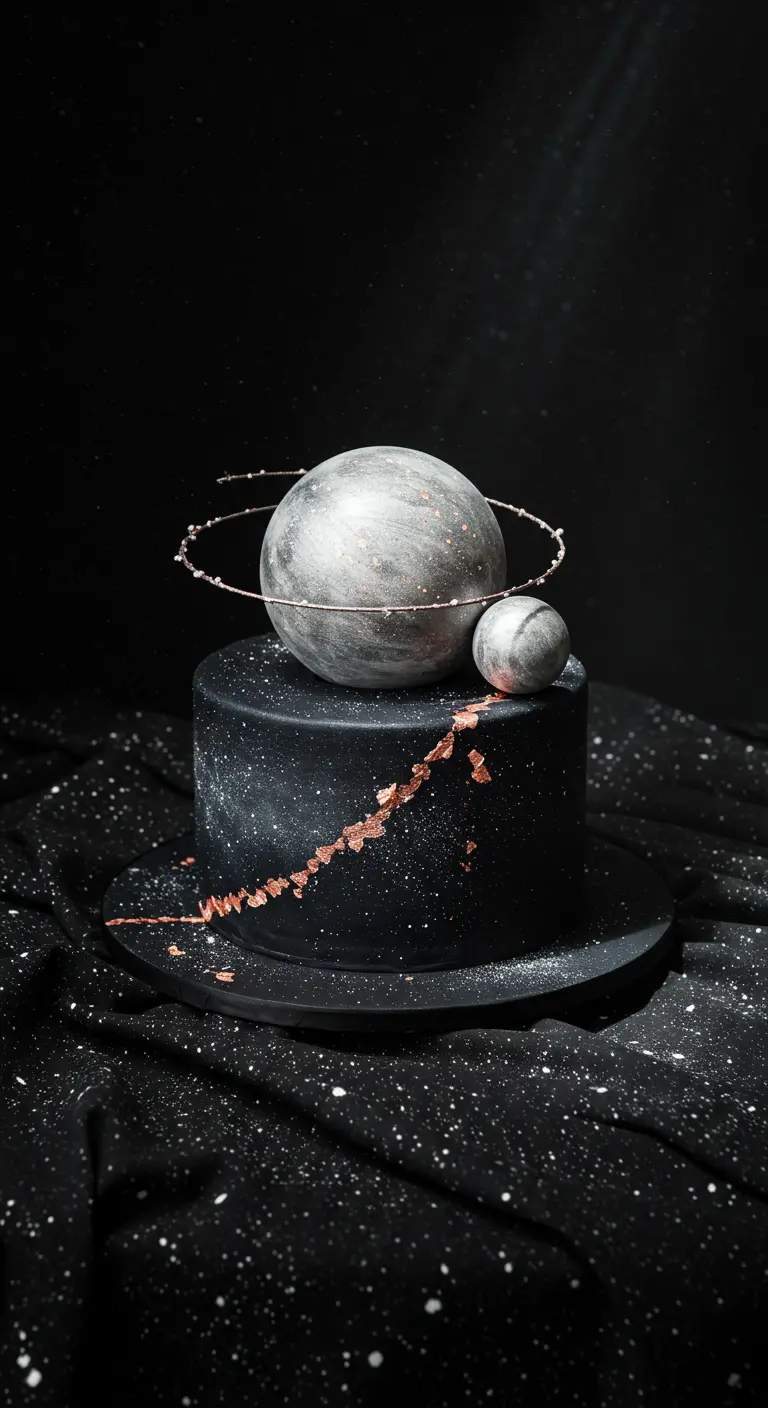 Schwarze Torte mit silbernem Planeten, Kupferring und Kupferakzenten auf Sternenhimmel-Tuch.