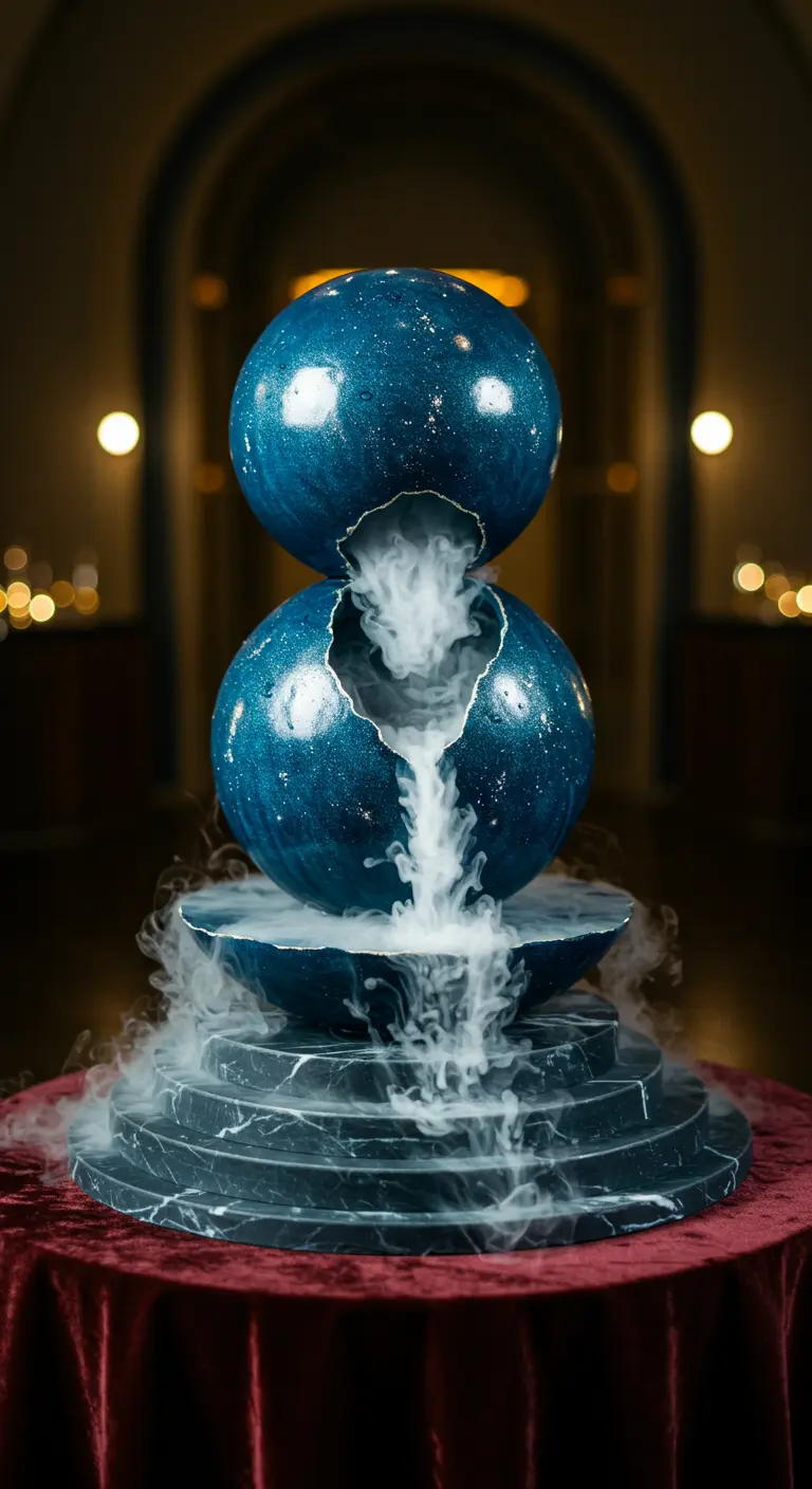 Dunkelblaue Torte in Form von zwei zerbrochenen Kugeln mit Nebel aus dem Inneren.