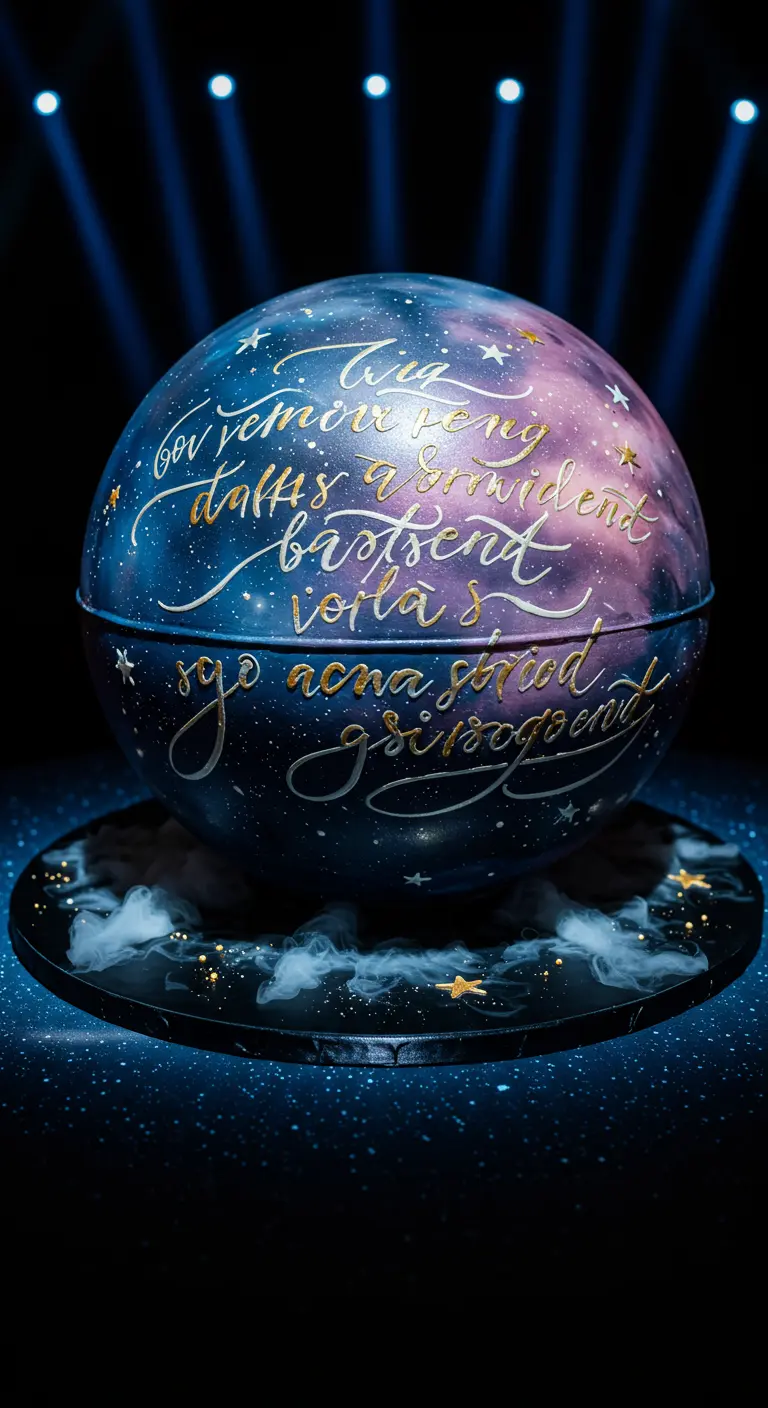 Runde Galaxie-Torte mit goldener und weißer Kalligrafie und kleinen Sternen