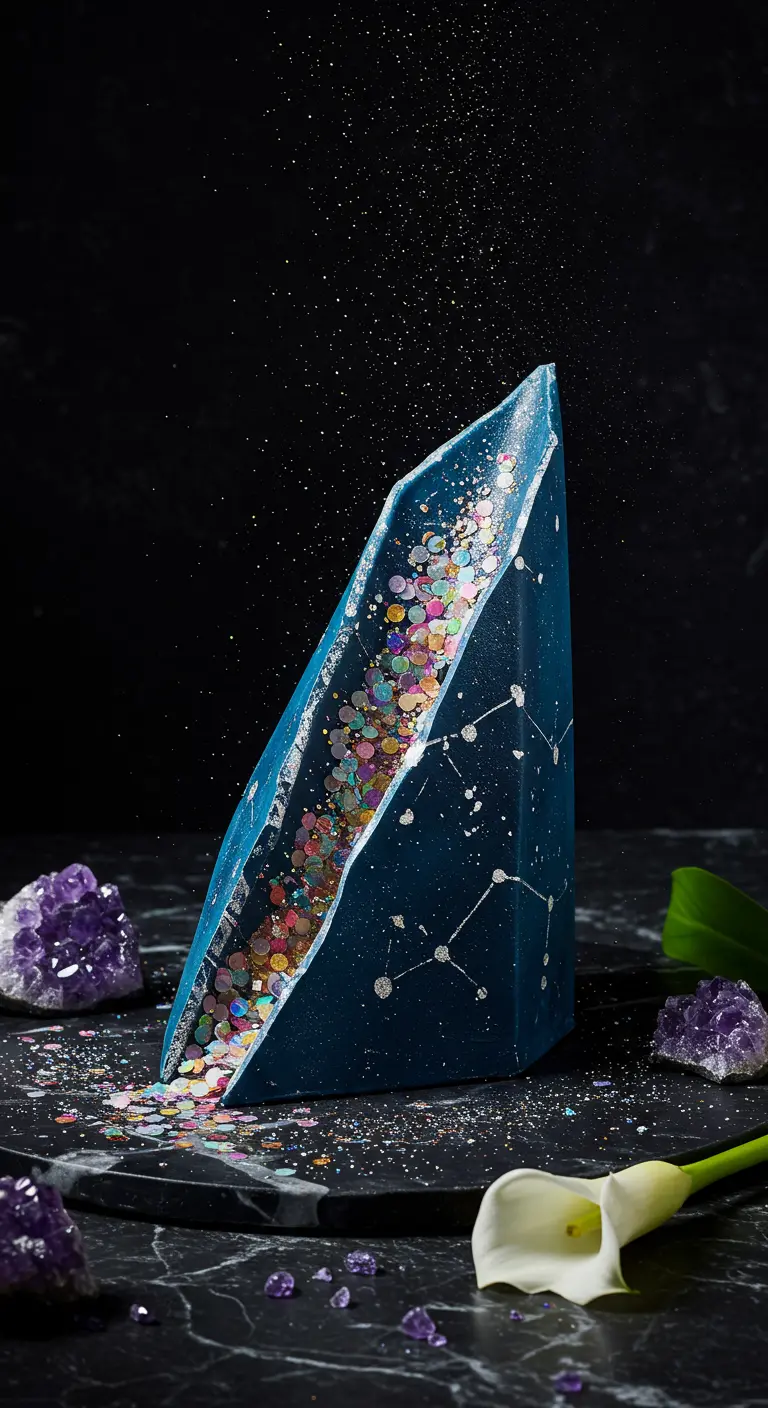 Dreieckige blaue Torte mit Sternbildern, offenbart bunten Konfetti-Geoden-Kern, Glitzerregen.
