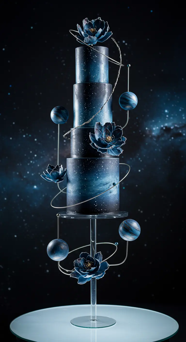 Dunkelblaue Galaxie-Torte mit schwebenden Planeten, Sternen und großen Zuckerblumen.