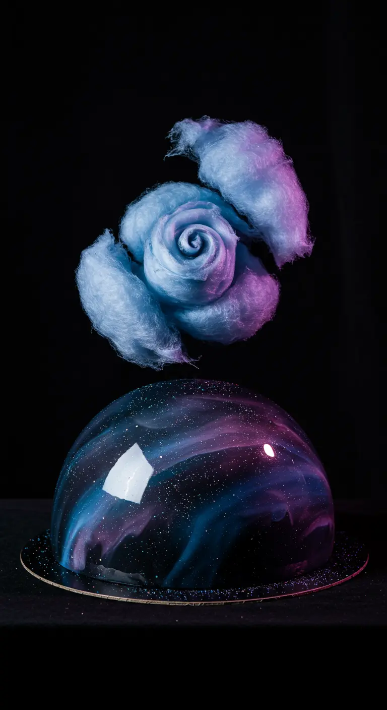 Galaxie-Kuppeltorte mit einer schwebenden Zuckerwatte-Rose darüber.