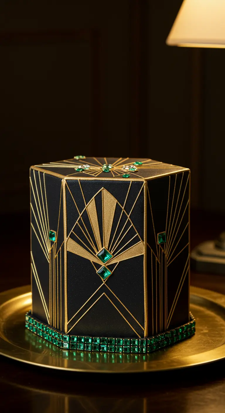 Schwarze, sechseckige Art-Deco-Torte mit goldenen Linien und grünen Zuckerjuwelen.