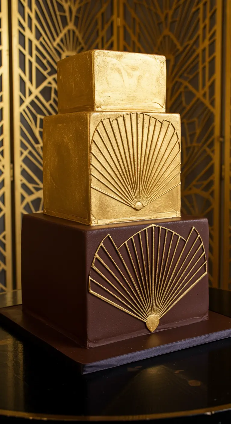 Dreistöckige Art-déco-Hochzeitstorte mit Gold und Schokolade und Fächermustern.