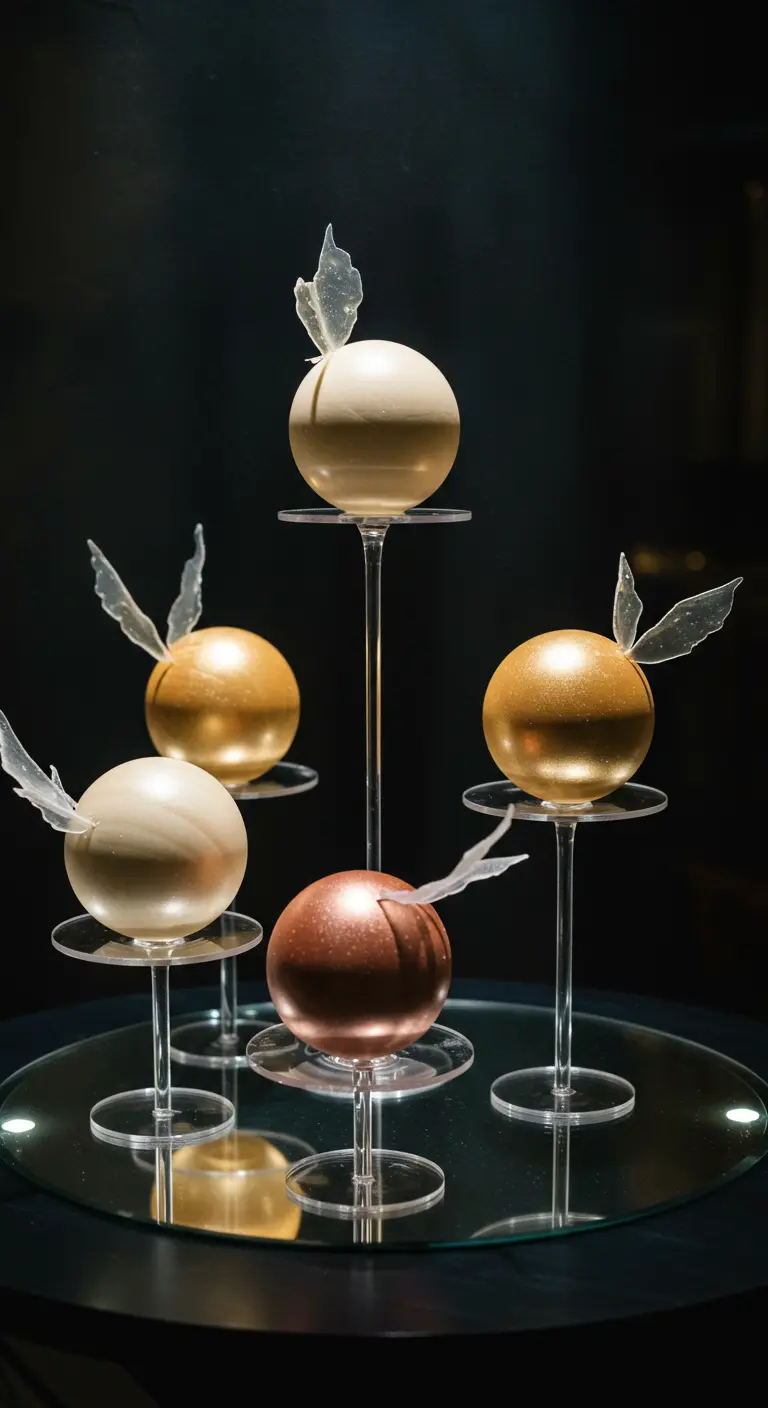 Fünf glänzende Kugeln in Gold, Bronze und Creme auf Ständern, dekoriert mit transparenten Flügeln.