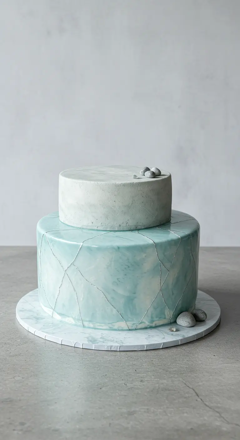 Zweistöckige Torte: Unten eisblau glasiert mit feinen Rissen, oben hellgrau, beide mit kleinen Kieselsteinen.