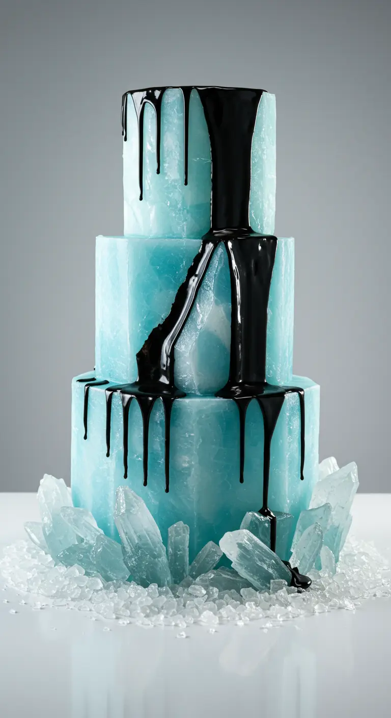Hellblaue, eisblockartige Hochzeitstorte mit tiefschwarzem Drip, der wie ein Fluss wirkt.