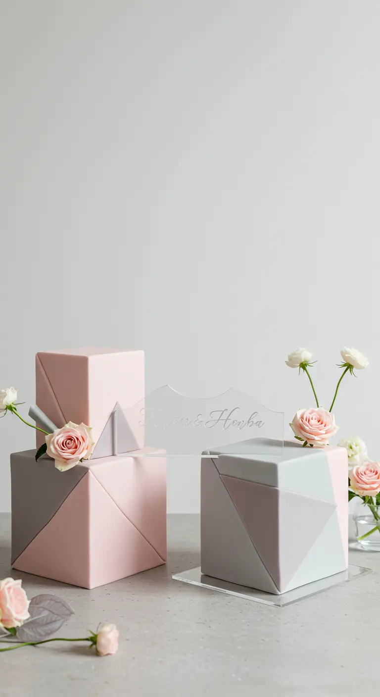 Geometrische Hochzeitstorten in Rosa und Grau mit transparentem Namens-Topper.
