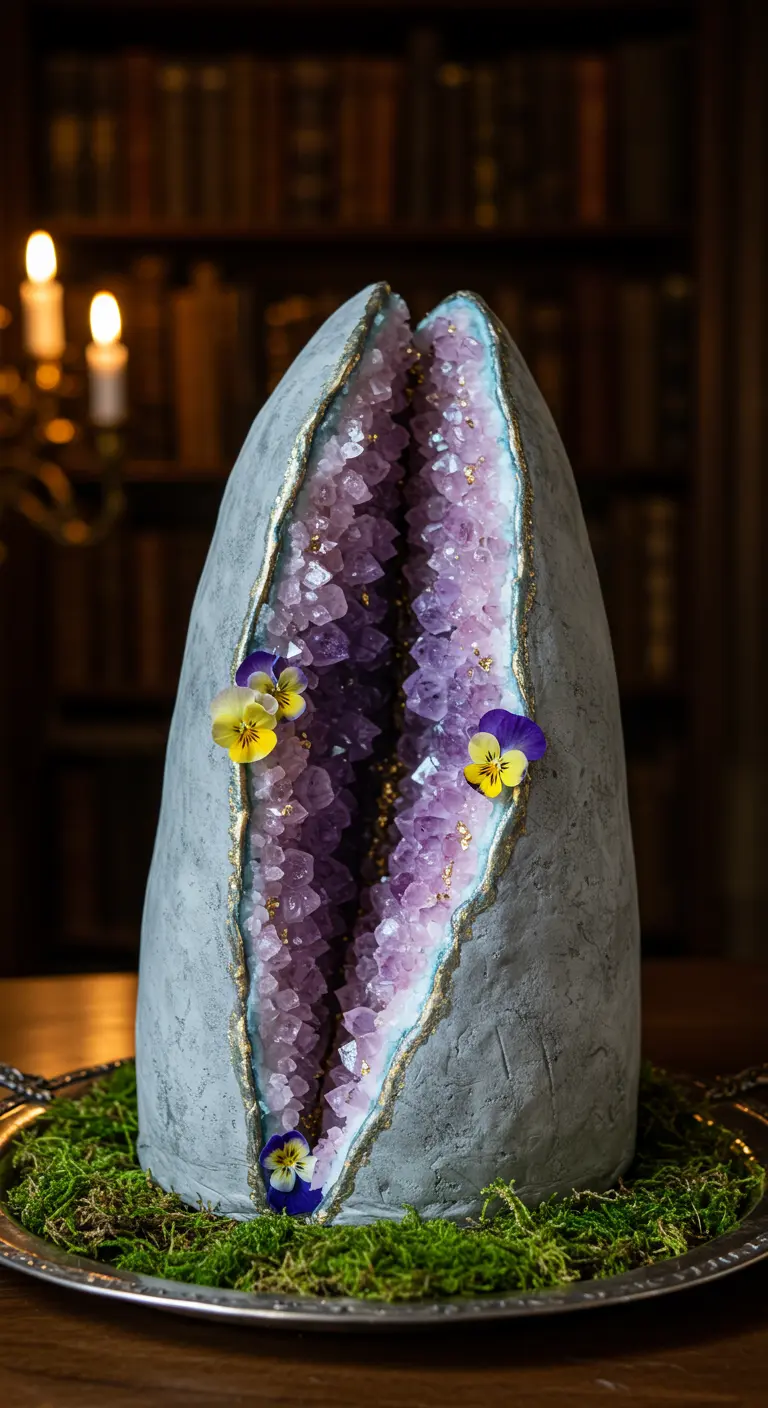 Graue Torte in Geoden-Optik mit lila Zuckerkristallen und kleinen gelb-lila Stiefmütterchen.
