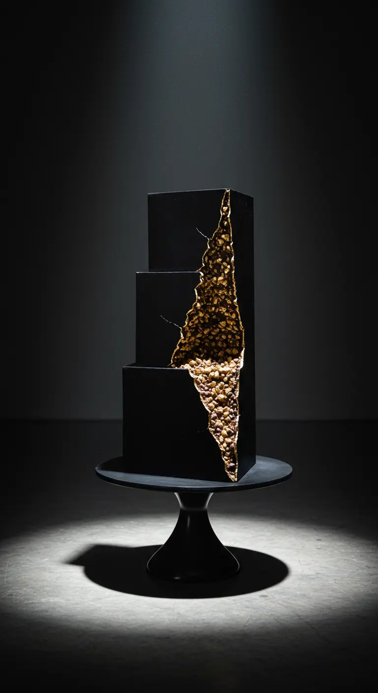 Dreistöckige schwarze Torte mit vertikalem, goldglänzendem Geoden-Riss und Crunch-Füllung.