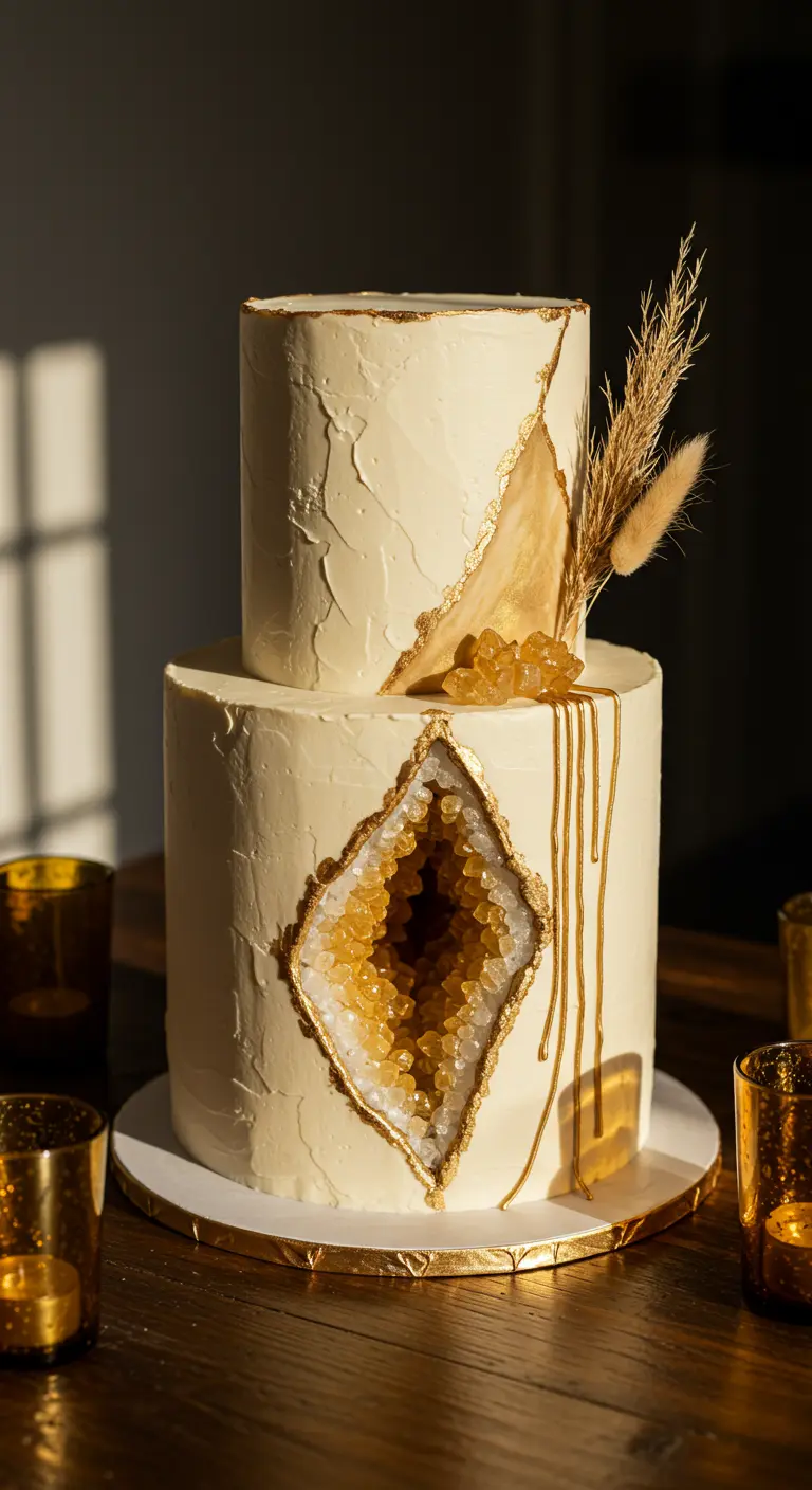 Zweistöckige weiße Hochzeitstorte mit goldenen Geoden-Ausschnitten und Gold-Drips.
