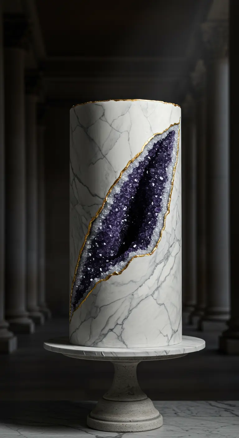 Hohe Marmortorte, in die eine lila Amethyst-Geode aus Zuckerkristallen eingearbeitet ist.