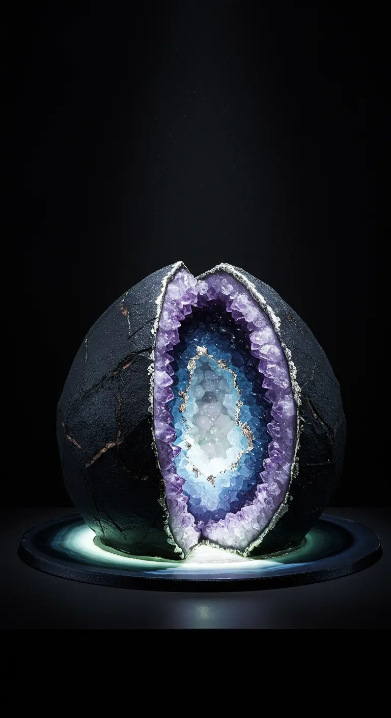 Dunkle, gespaltene Kugel-Torte, die im Inneren eine leuchtende, blau-violette Amethyst-Geode offenbart.