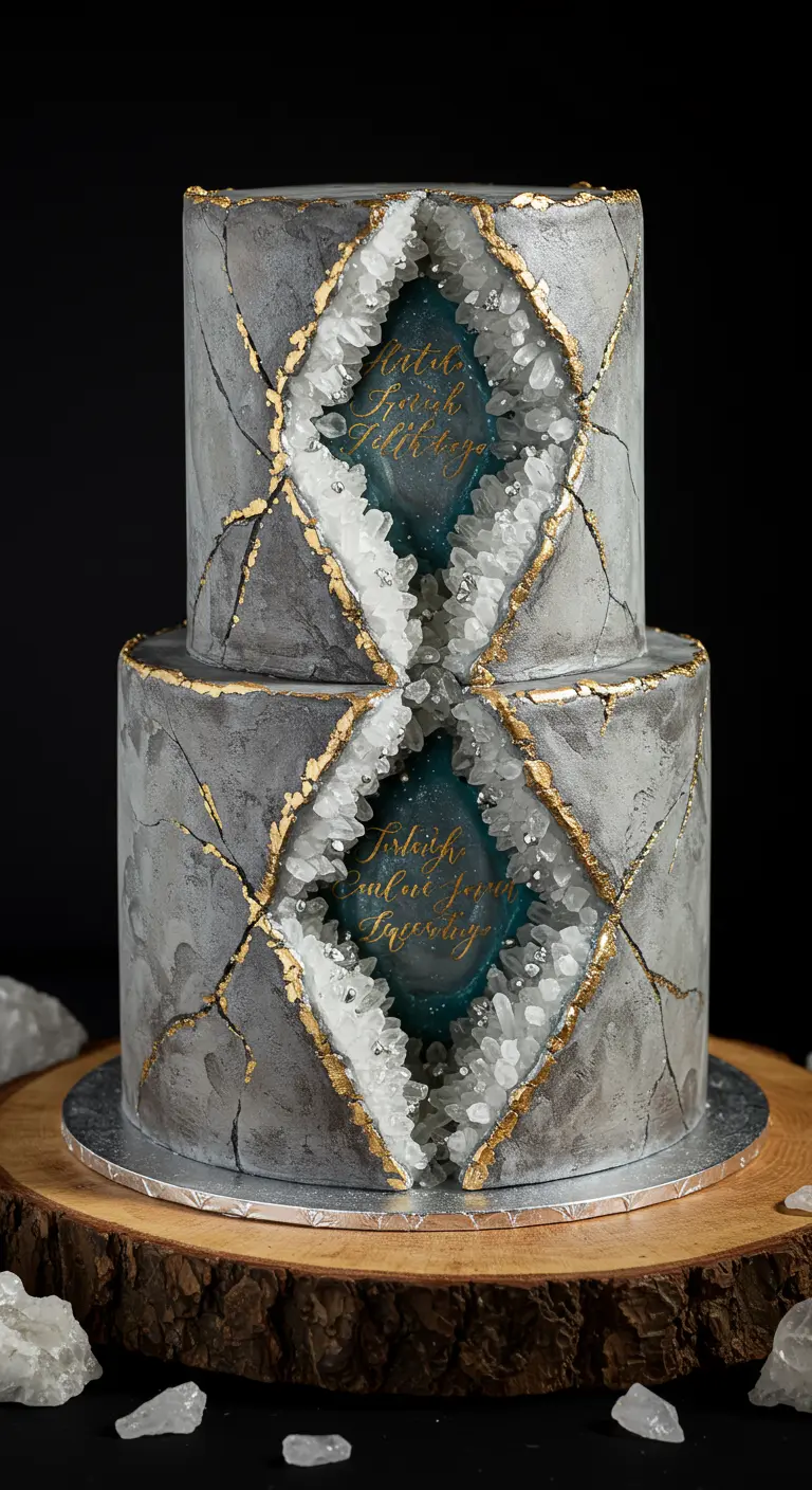 Zweistöckige Torte in Steinoptik mit goldenen Linien, blauem Geoden-Inneren und goldener Kalligrafie