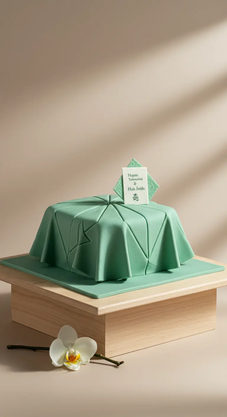 Mintgrüne Torte, die wie ein Geschenk aussieht, mit Namensschildchen.