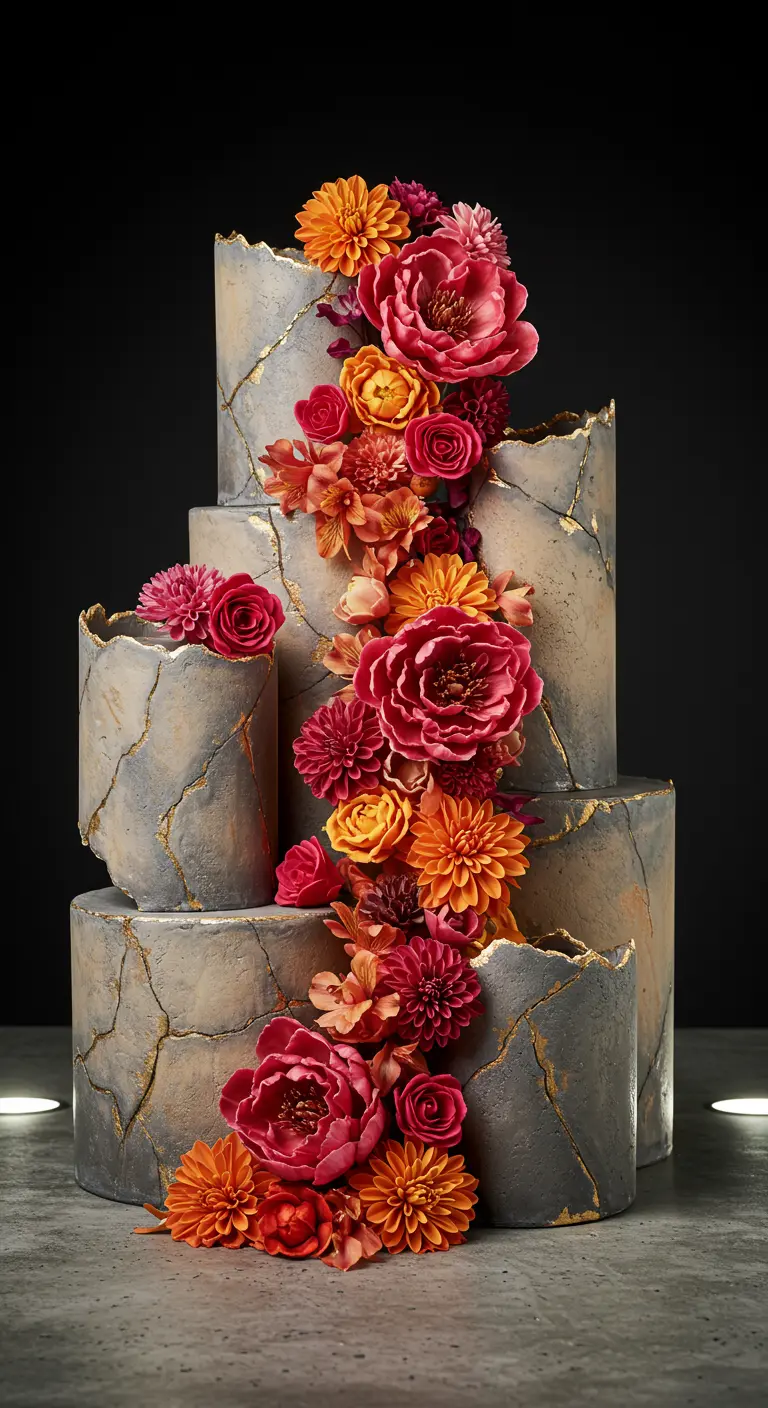 Grau-goldene, mehrstöckige Torte mit Rissmuster und einer Kaskade farbiger Blumen.