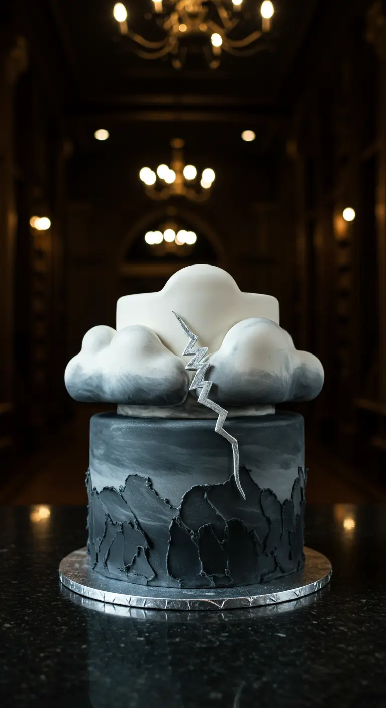 Zweistöckige Torte mit dunklen Gewitterwolken oben und einem silbernen Blitz.