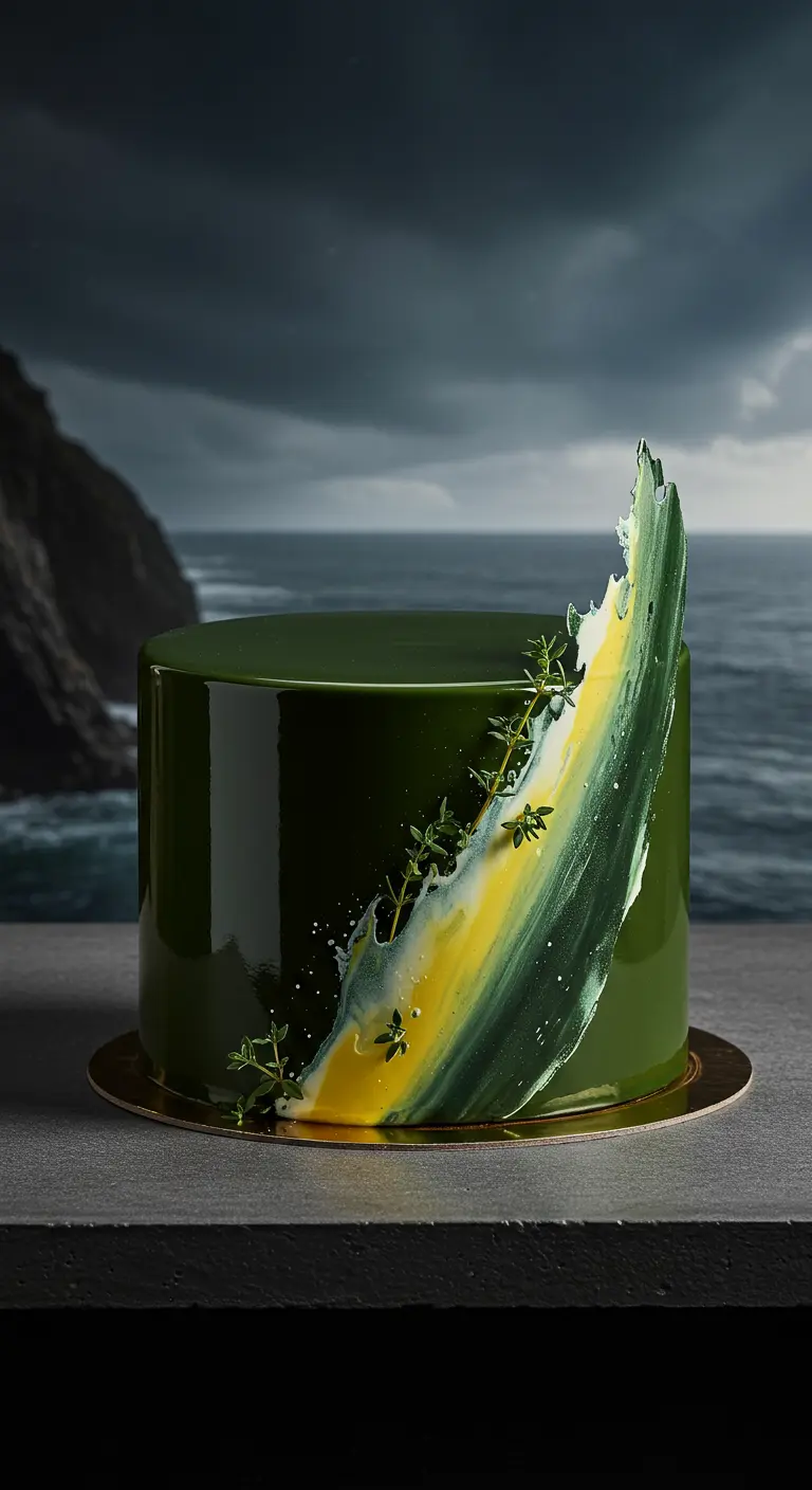 Dunkelgrüne Hochglanz-Torte mit gelb-weißem Farbverlauf und Thymian vor Meereskulisse.