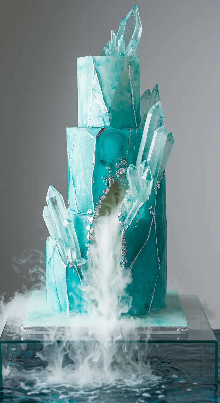 Türkise Torte mit schimmernden Isomalt-Kristallen und Nebel aus einer eisigen Spalte.