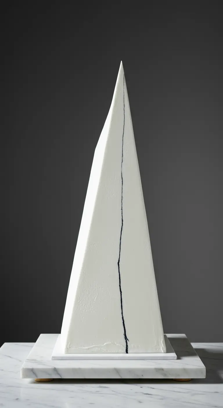 Hohe, weiße, pyramidenförmige Torte mit einer einzelnen, vertikalen schwarzen Linie auf einer Marmorplatte.