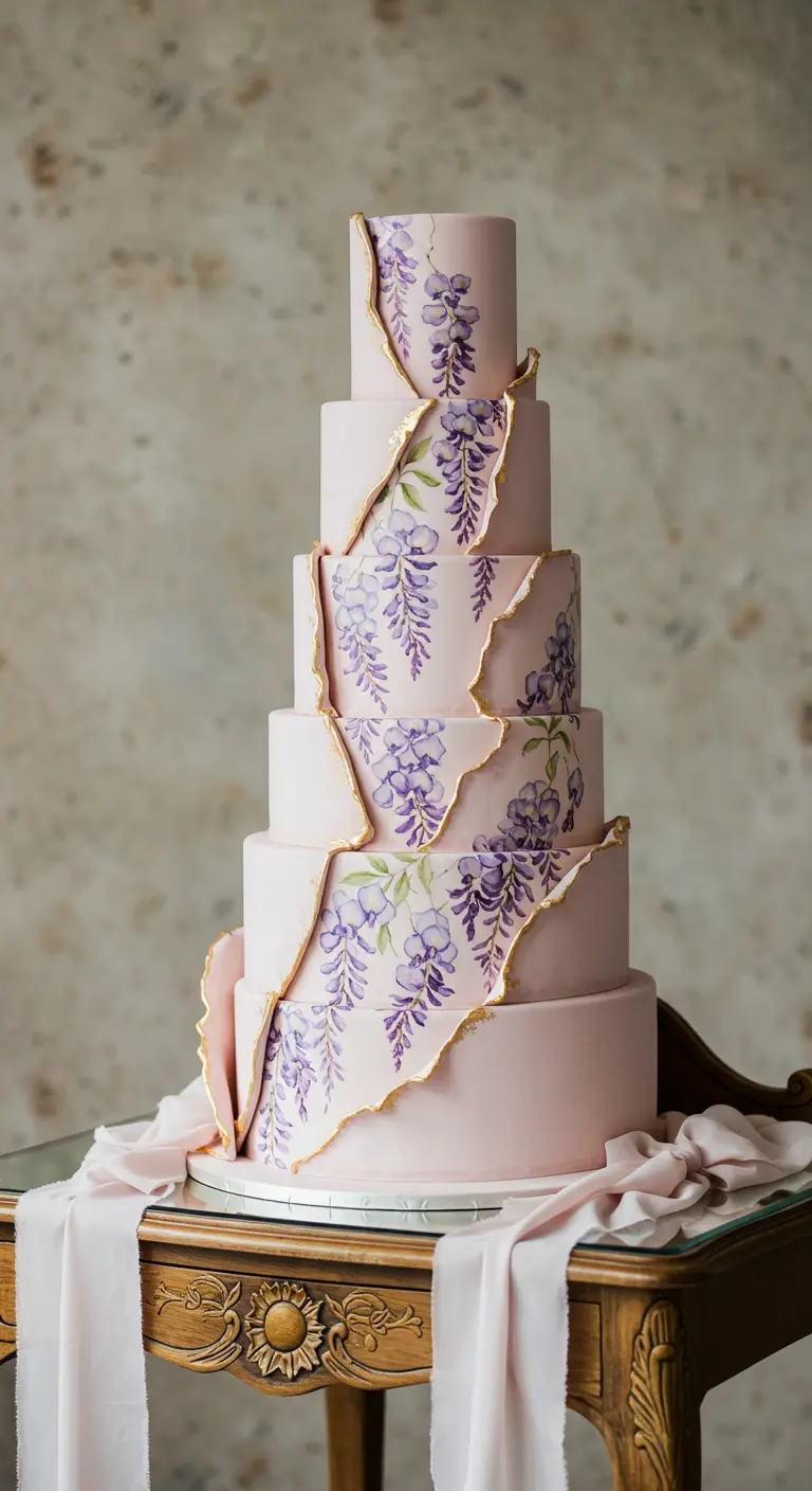 Mehrstöckige rosa Hochzeitstorte mit handgemalten lila Glyzinien und goldenen Akzenten.