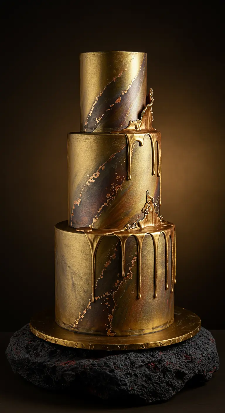 Goldene und bronzefarbene Torte mit Drip-Effekt und dunklen Schlieren.