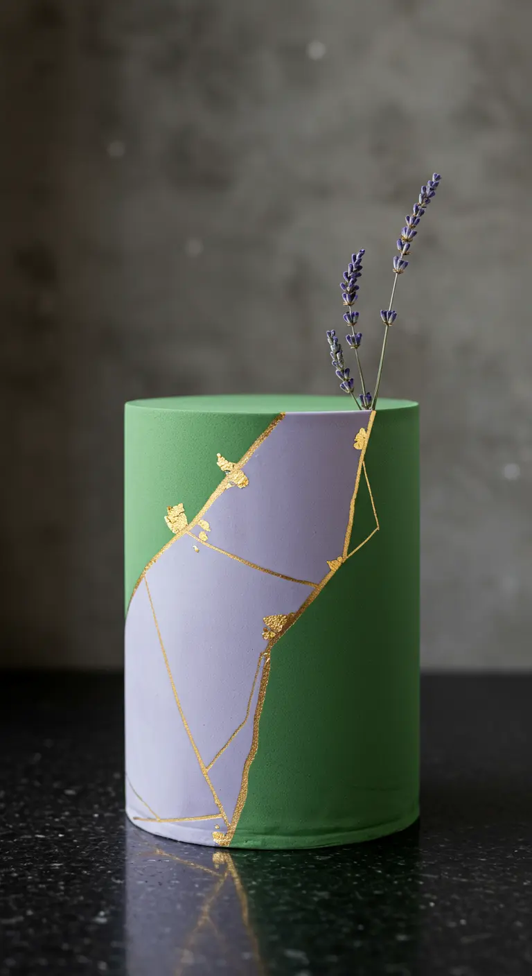 Hohe zylindrische Torte in Grün und Lavendel mit goldenen Linien und Lavendelzweig.