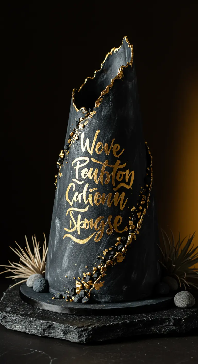 Schwarze, kegelförmige Torte mit goldener Kalligrafie und Goldblatt-Applikationen