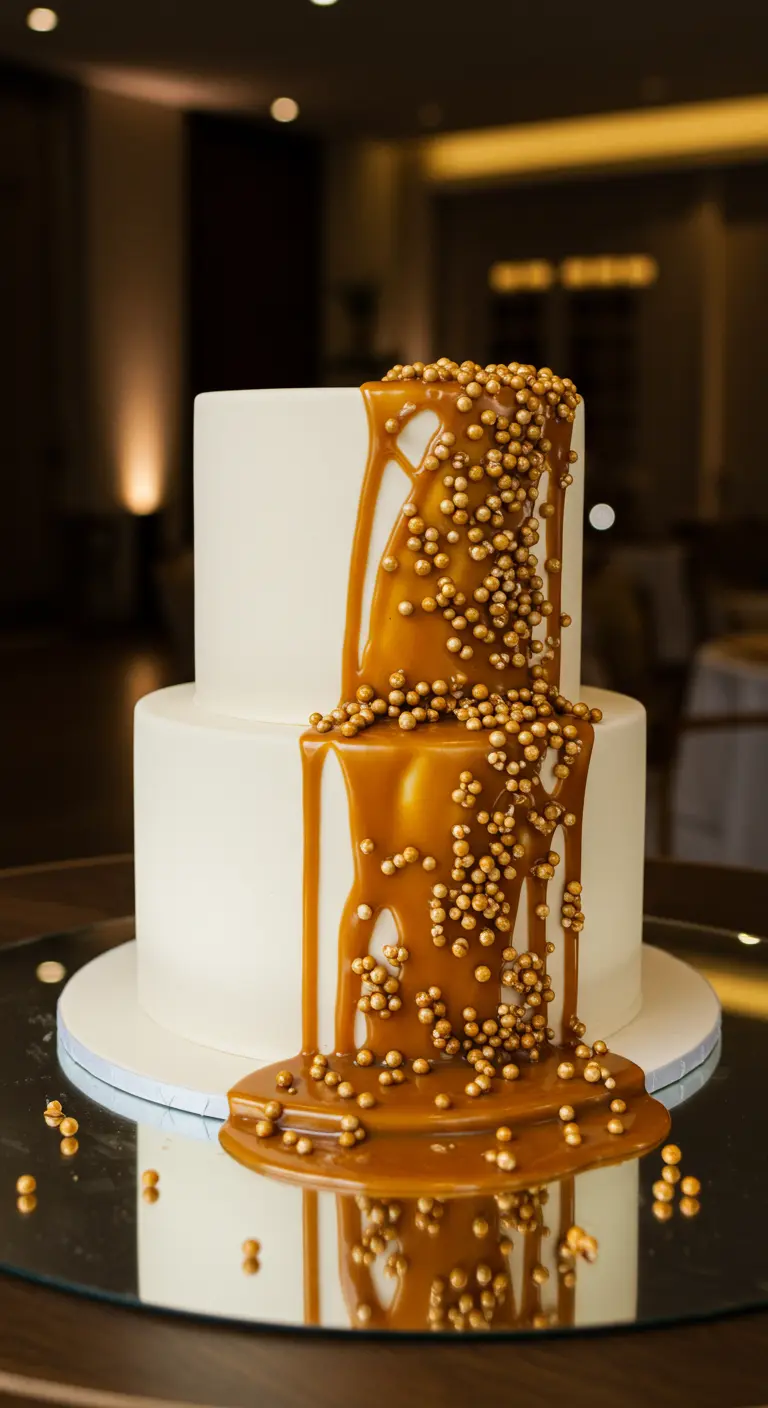 Zweistöckige weiße Torte mit opulentem Karamell-Wasserfall und goldenen Perlen.