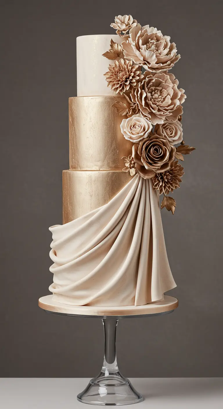 Drei-stöckige Torte in Gold und Creme mit drapierter Fondant-Optik und passenden Blüten.