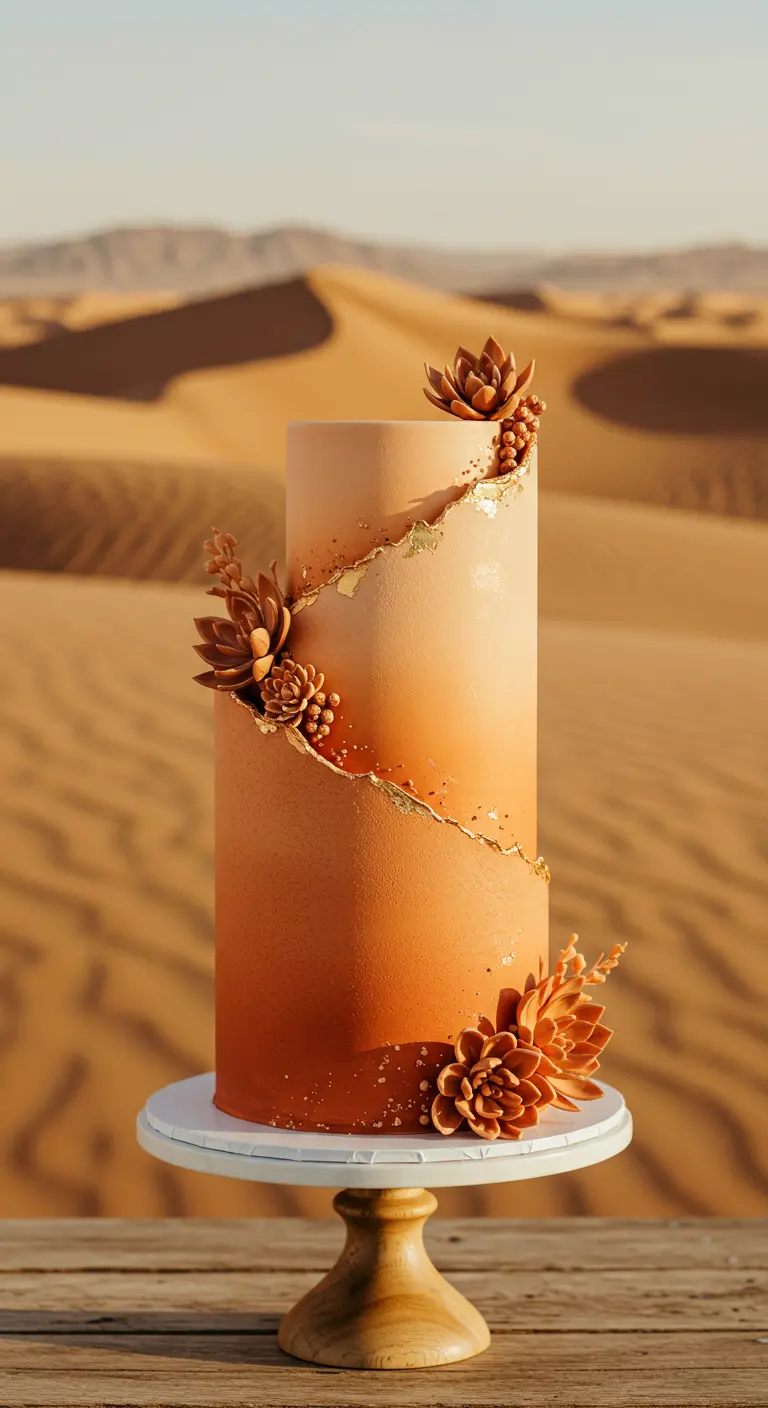 Hohe Ombre-Torte in warmen Beige-Orangetönen, verziert mit einer goldenen Bruchkante und modellierten Sukkulenten.