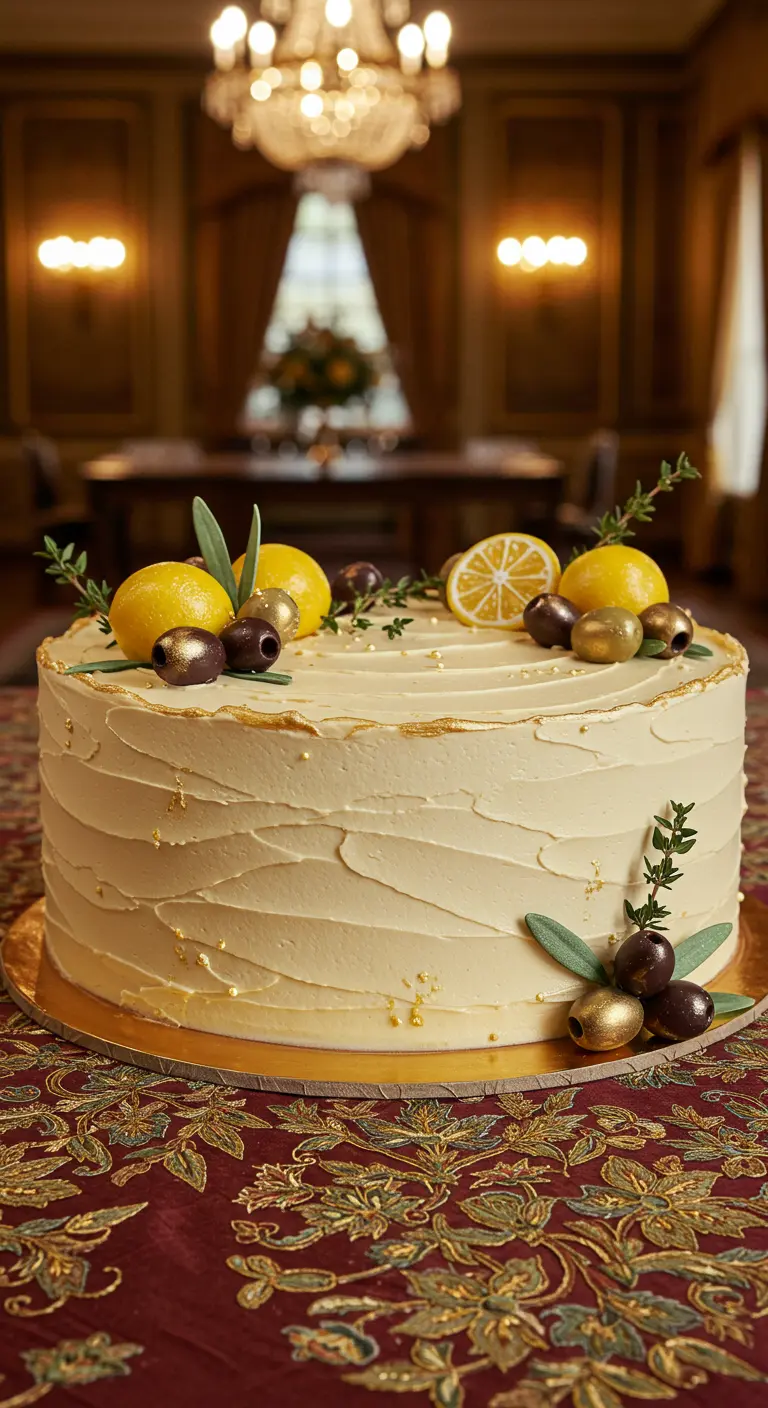 Cremefarbene Torte mit goldbestäubten Oliven, Zitronen und Thymian auf edlem Tischtuch.