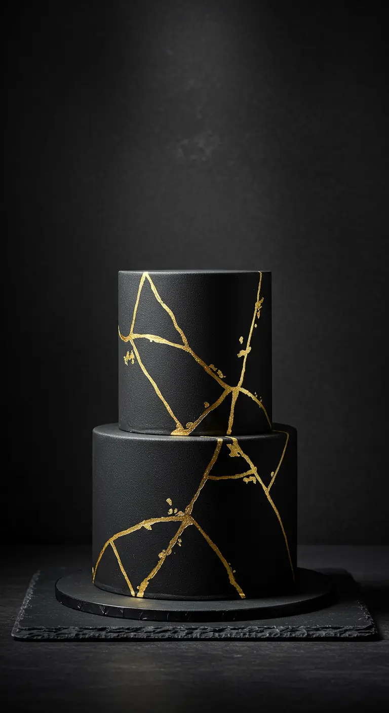 Zweistöckige, mattschwarze Hochzeitstorte mit goldenen Rissen im Kintsugi-Stil.