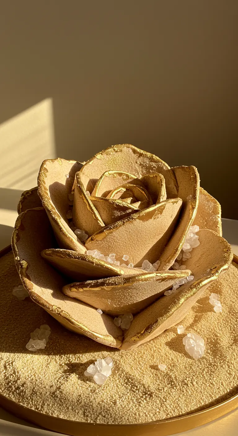 Große goldene Rosenblüte aus Zuckerpaste, bestreut mit Zuckerkristallen.
