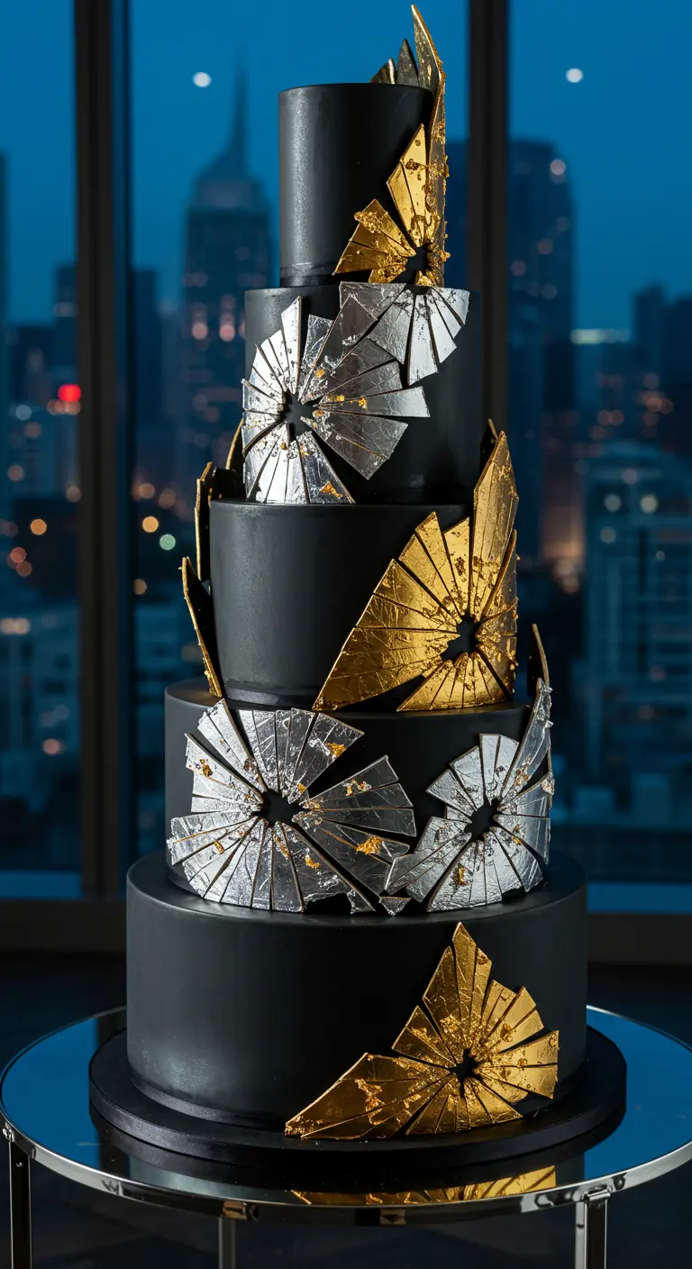 Schwarze, mehrstöckige Torte mit goldenen und silbernen Scherben-Applikationen.