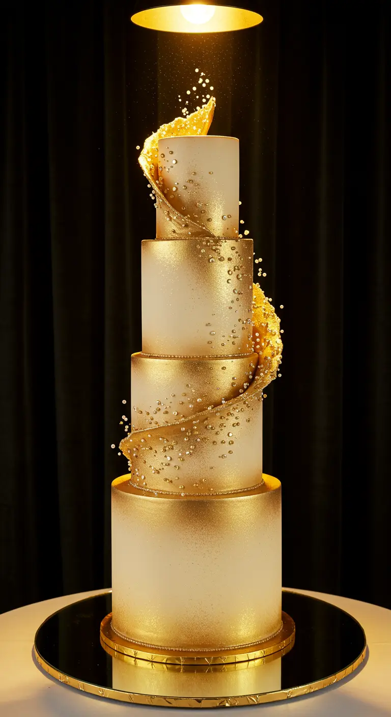 Sehr hohe, mehrstöckige weiße und goldene Torte mit einer spiralförmigen Perlendekoration.