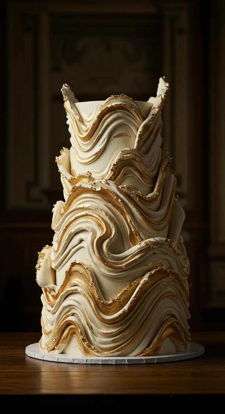 Mehrstöckige weiße Torte mit dramatischen, goldgeränderten Buttercreme-Wellen.