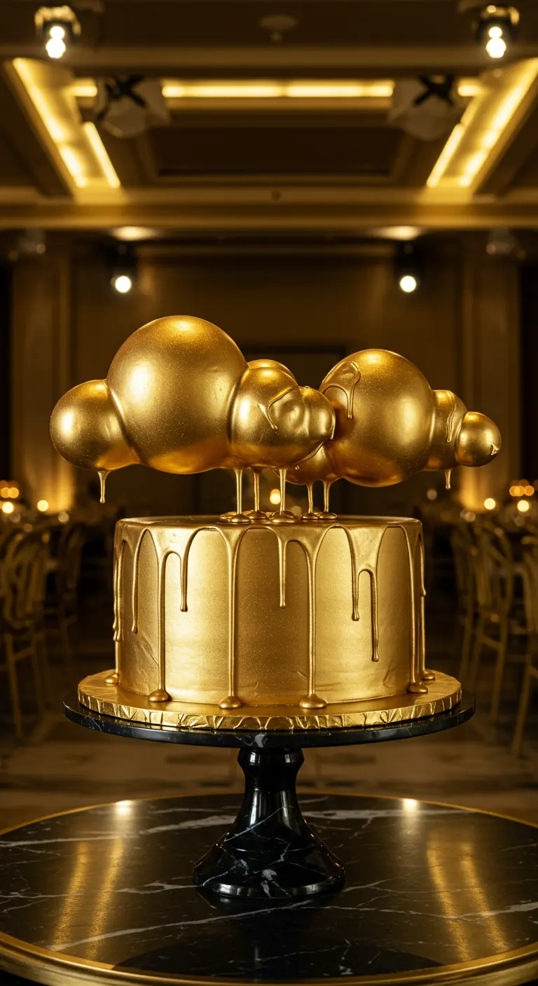 Goldene Torte mit goldenem Drip-Effekt und schwebenden goldenen Wolkenkugeln.