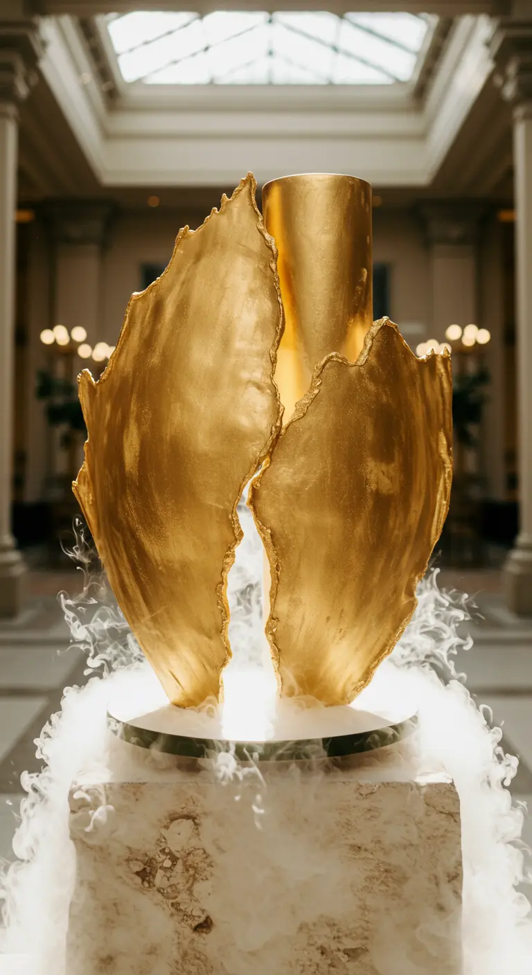 Goldene, zerbrochene Schalen-Torte mit innerer Beleuchtung und Nebel.