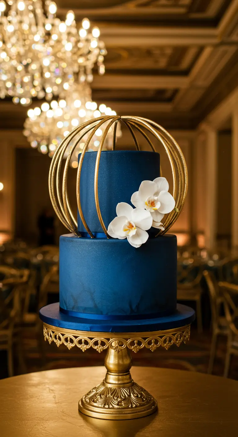 Dunkelblaue Torte in einem goldenen Käfig, dekoriert mit weißen Orchideen.