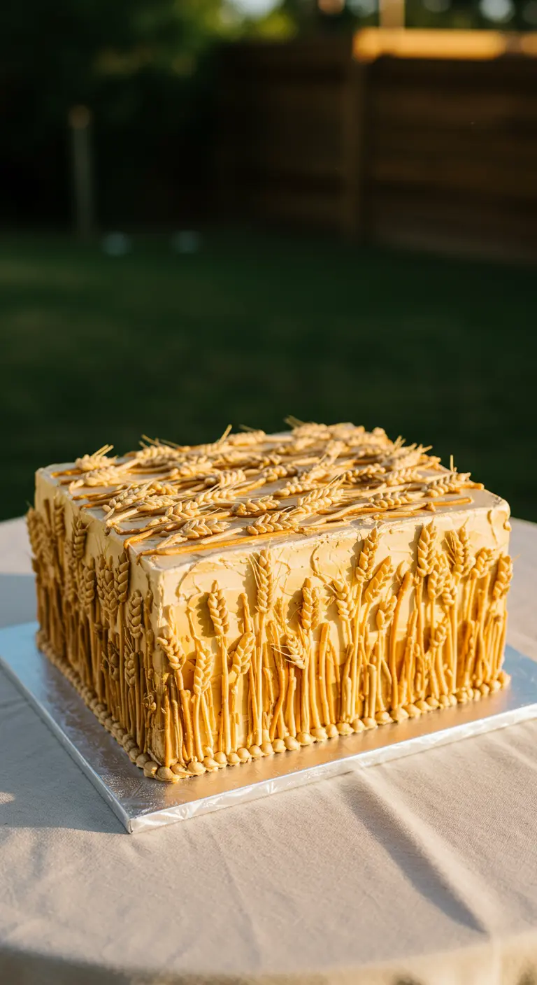 Quadratische, beigefarbene Torte verziert mit aufgespritzten Buttercreme-Ähren.